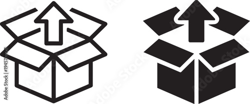 Open box with arrow icon set showing unboxing process for shipping and warehouse logistics use