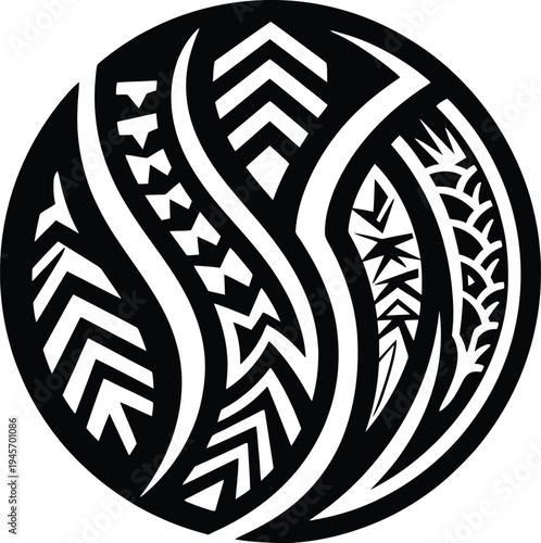 Abstract circular tribal emblem with vertical wavy bands displaying various traditional pacific islander geometric patterns and arrowheads.