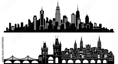 Black and White City Skylines of Modern and Historic Architecture