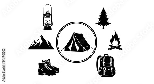 Black  White Camping Icon Set: Tent, Backpack, Boots, Lantern, Mountains, Tree, Fire