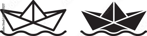 Paper boat icon sailing on waves outline and solid filled black vector