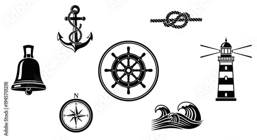 Nautical Maritime Symbols Icon Set: Anchor, Bell, Wheel, Lighthouse, Waves, Compass, Knot