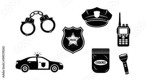 Police Icons Set: Black and White Glyph Style