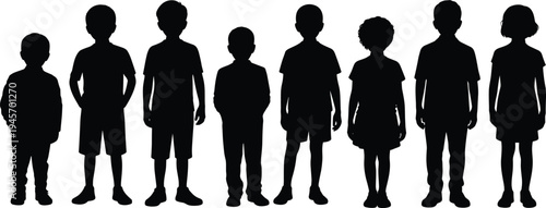 Children silhouettes, diverse postures, standing row, hairstyle variation, demographic representation, childhood diversity, educational artwork, sociological illustration design
