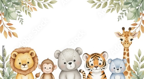Cute Jungle Animals Border - Lion, Monkey, Bear, Tiger, Giraffe, Baby Animals