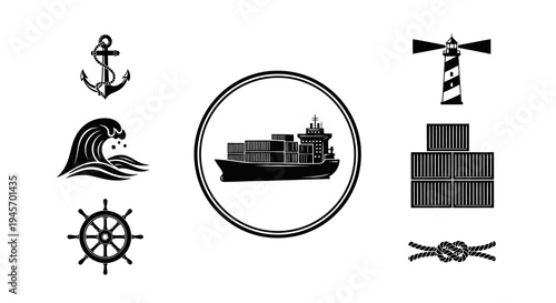 Nautical Icons Set: Anchor, Ship, Wave, Wheel, Lighthouse, Containers, Knot