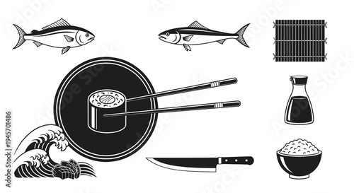 Black and White Sushi and Seafood Icons with Japanese Elements