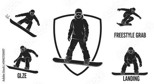 Snowboarder Silhouettes: Freestyle Grab, Landing, Glaze Action