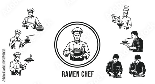 Ramen Chef Black and White Line Art Vector Illustrations Set