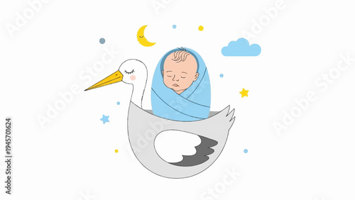 Adorable baby swaddled in blue, nestled in a stork's beak, under starry sky