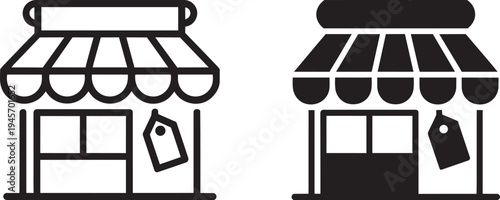Storefront icon outline and solid black for retail business shopfront commerce and sale concepts