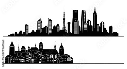 Black and White Skyline Silhouettes of Modern City and Old Town