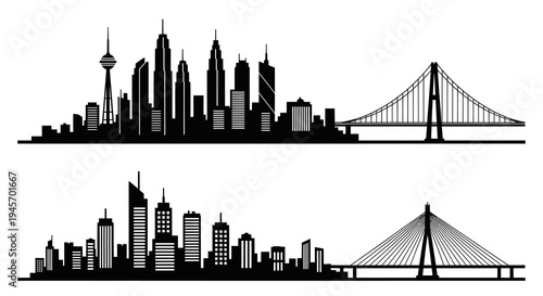 Black  White Skyline and Cable-Stayed Bridge Cityscape Vector Art