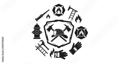 Firefighter equipment icons, shield, hat, axe, hydrant, gloves, flames, ladder, vector