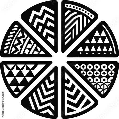 Round collection of eight distinct tribal design wedges radiating from center, each featuring unique ethnic patterns.