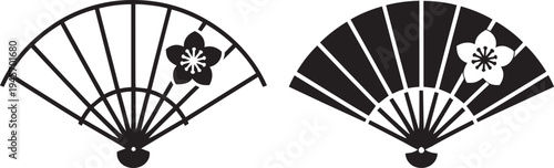 Traditional japanese fan with flower outline and solid silhouette isolated on transparent background