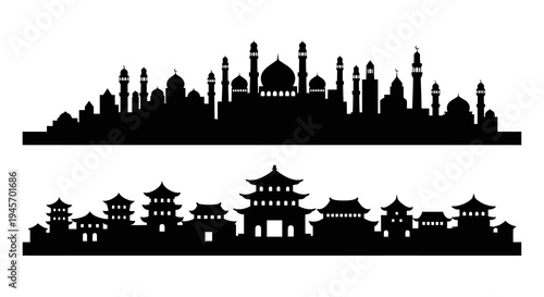 Black Silhouette Skyline of Islamic and East Asian Architecture