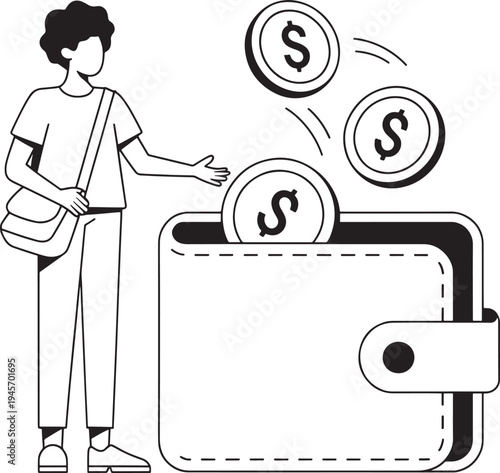 Man putting coins into a wallet with dollar sign illustrations with financial planning with black and white with personal finance