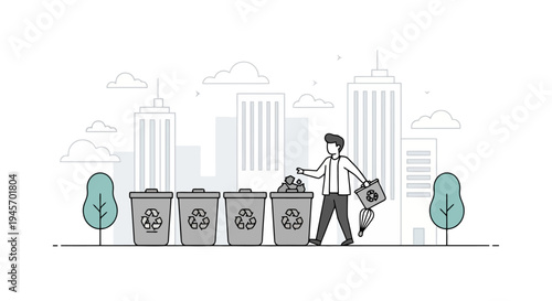 A person sorting trash into recycling bins with the city skyline in the background promoting environmental care and waste management