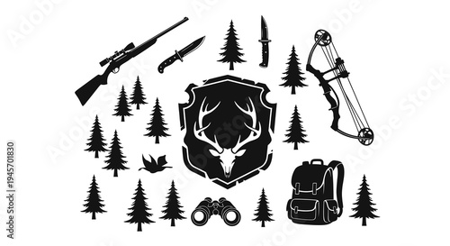Hunting and Outdoor Gear Icons: Rifle, Bow, Deer, Trees, Backpack, Knife