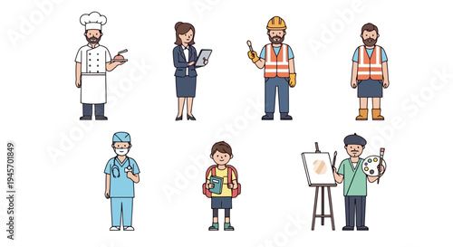 Diverse Professionals and Individuals Representing Various Occupations and Careers Illustrating Community and Workforce People at Work Uniforms Roles