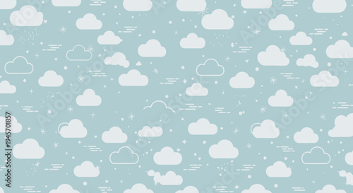 Cute Blue Sky Pattern with White Clouds and Rainy Drops