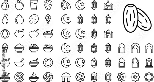 Ramadan food and islamic line icons set crescent lantern mosque dessert fruit meal bowl outline vector collection for celebration