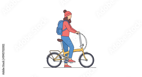 Woman cycling on a foldable bicycle wearing a winter hat and carrying a backpack against a white background travel and commuting concept