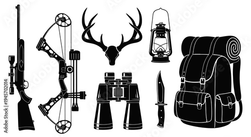 Black  White Line Art Hunting Gear Icons - Rifle, Bow, Binoculars, Antlers