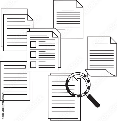Magnifying glass inspecting documents in a folder stack