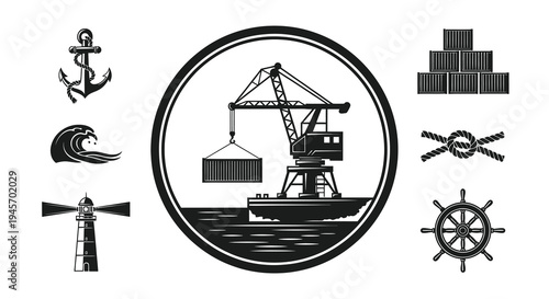 Nautical Icons Set: Crane, Anchor, Wave, Lighthouse, Containers, Rope, Ship Wheel