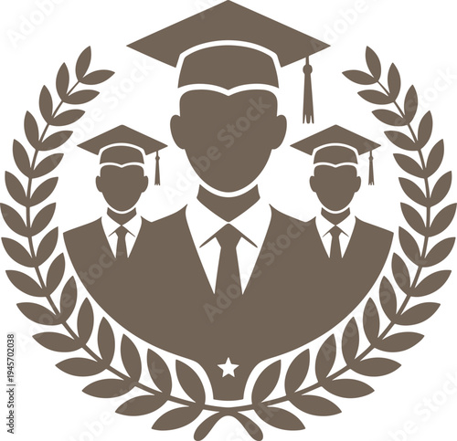 Graduates in caps and gowns within a laurel wreath with cap and gown