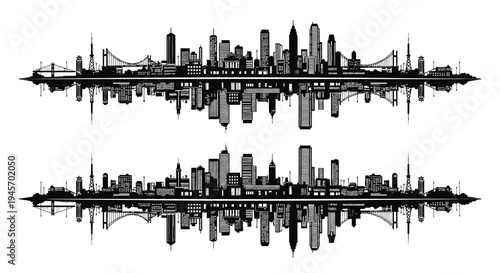 Black and White Skyline Silhouette with Bridges and Reflections, Urban Art