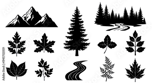 Mountain Forest and Leaf Silhouette Nature Landscape Design Element Set