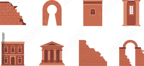 Ancient, architecture, ruins, brick, wall, arch, temple, classical, building, icon, set, minimalist, vector, illustration, roman, landmark, historic, design, flat, collection