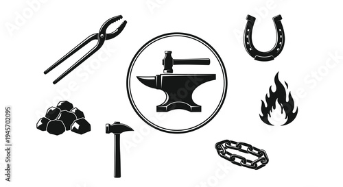 Blacksmithing Vector Icons: Anvil, Hammer, Tongs, Horseshoe, Fire, Chain, Coal