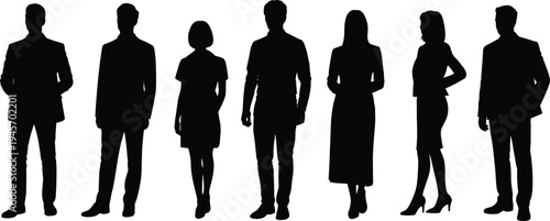 Electrician silhouettes, family walking together, road construction workers in orange vests, and professional business people standing in formal office attire.