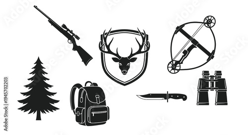 Hunting Equipment Icons: Rifle, Deer, Bow, Knife, Binoculars, Backpack, Tree