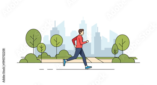 A male person is jogging through a park with greenery and trees buildings and a pathway are visible in the background daytime