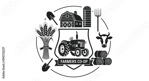 Farmers Co-Op Emblem: Tractor, Barn, Wheat, Cow, Hay Rolls, Pitchfork, Shovels