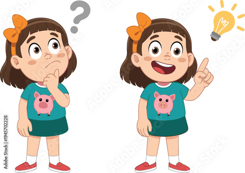 Cartoon girl thinking and having idea with light bulb concept curious child problem solving learning illustration isolated
