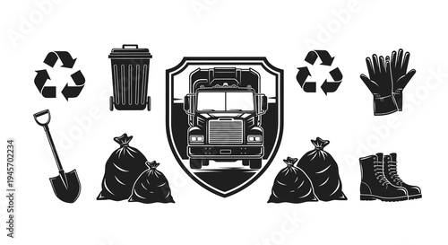 Black and White Glyph Icons for Waste Management and Recycling Services