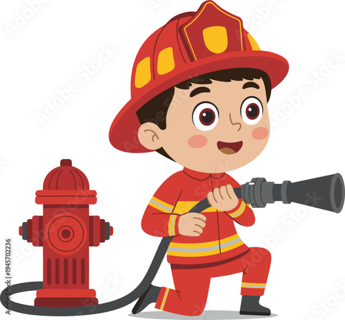 Cute cartoon firefighter boy holding fire hose near hydrant brave emergency rescue worker character safety profession illustration