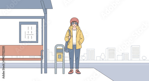 Woman waiting at a transit stop wearing a jacket and carrying a bag with buildings in the distance and a clear sky daytime scene