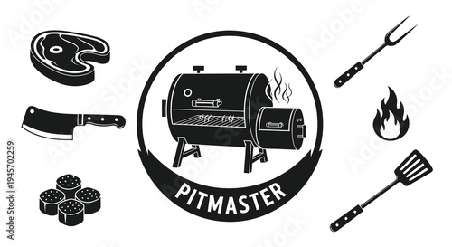 Black and White Grill and BBQ Icon Set with Steak, Meat, and Utensils