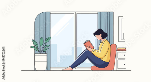 Woman enjoying a book indoors by a large window with blue curtains and a potted plant creating a comfortable leisure atmosphere