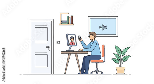 Man engaged in digital communication interacting with device conducting teleconference observing screen seated at desk inside workspace modern room