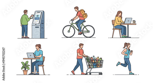 People Engaging in Various Everyday Activities Using a Machine Cycling Working on Laptop Pushing a Cart Jogging and Relaxing with a Device