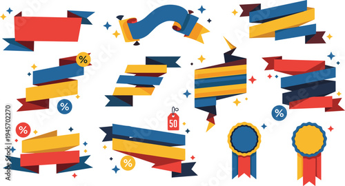 Colorful ribbon banners and award badges collection with discount symbols promotional labels decorative ribbons and marketing badges vector illustration set