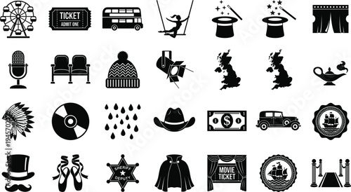 Vintage entertainment and theater icon set with circus magic ticket stage performance symbols retro silhouette vector illustration collection